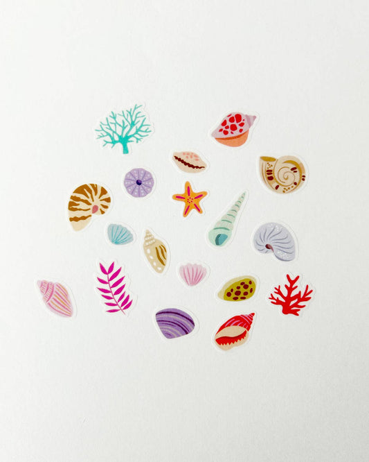 Set of seashell and coral washi stickers: starfish, shells, and fan shapes