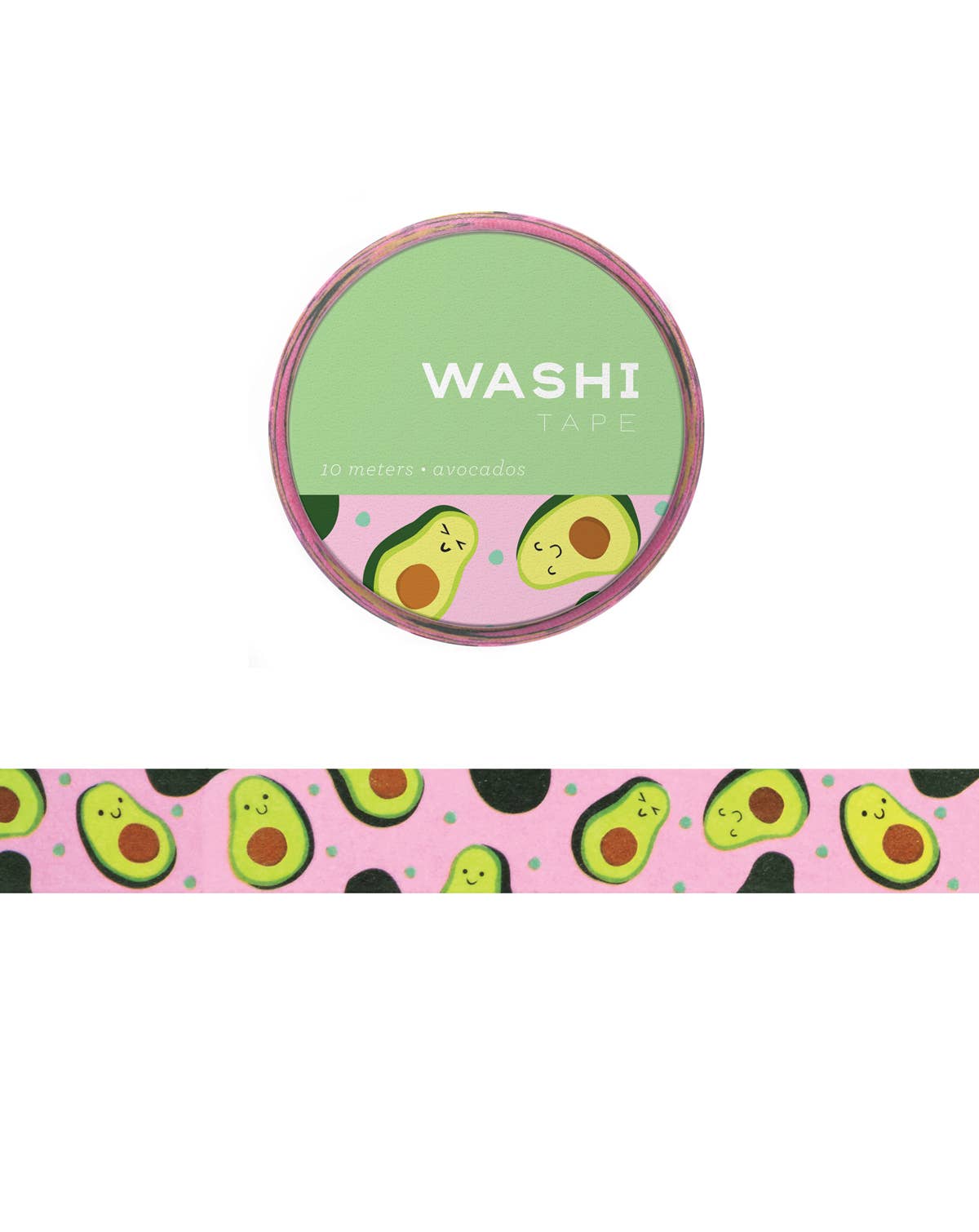 Avocado-pattern washi tape roll with pink edge and small avocado icons