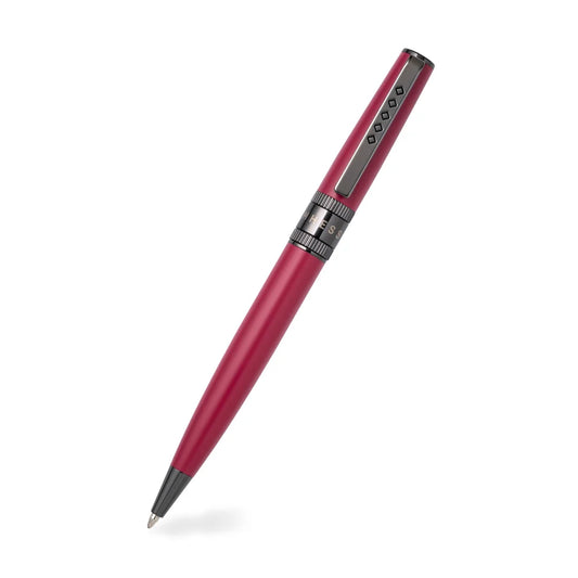 Red pen with black clip, numbered grip band, and silver tip