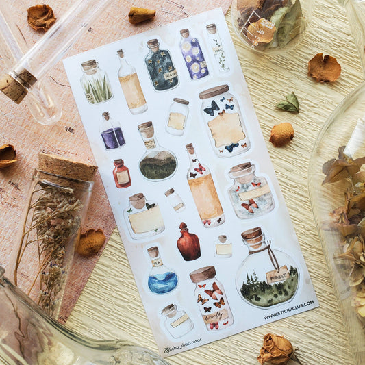 Sticker sheet featuring illustrated bottles and jars with label stickers