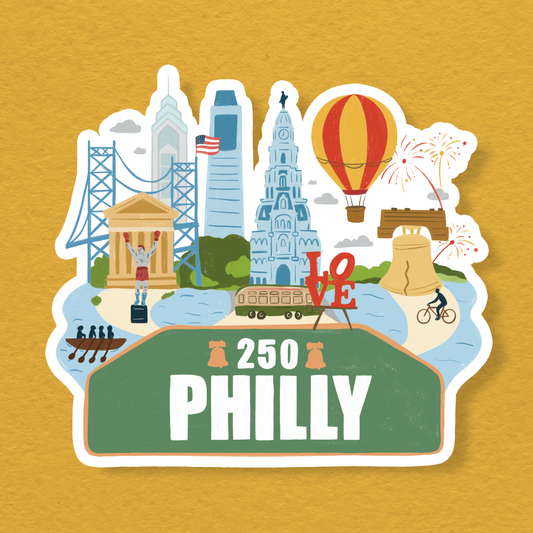 Vinyl sticker featuring Philadelphia landmarks with green '250 PHILLY' arch banner