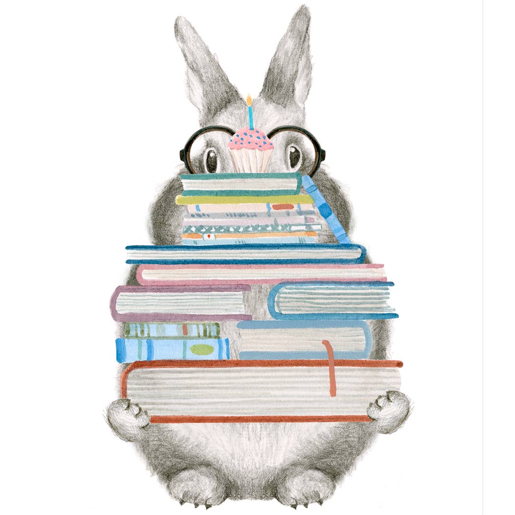 Birthday card front showing grey rabbit with stacked colorful books and pink birthday candle