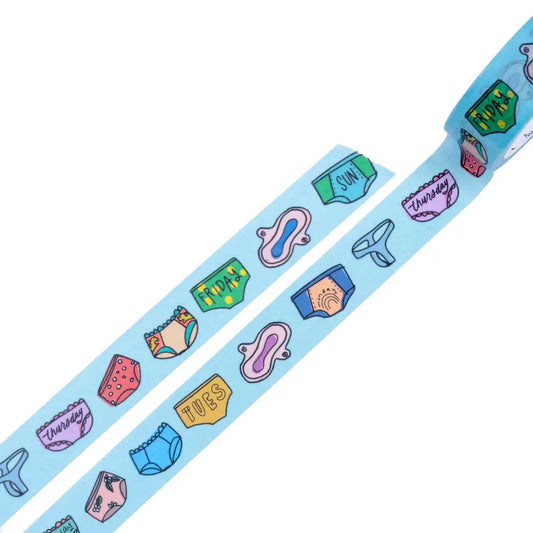 Underoos washi tape strip with fashion icons on pastel blue