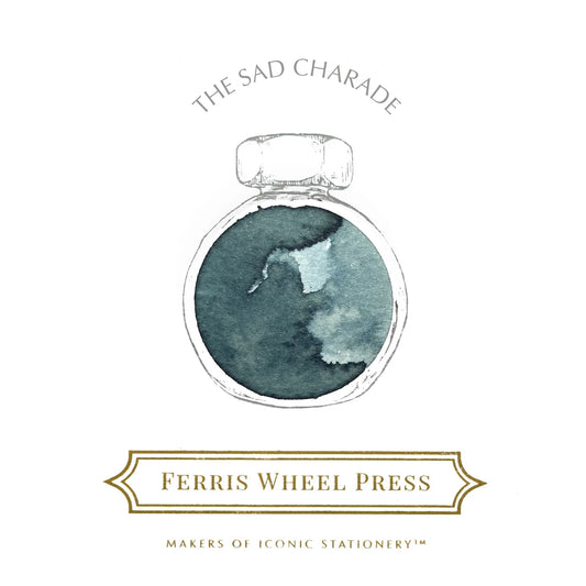 Ferris Wheel Press ink bottle label design with teal mountain illustration