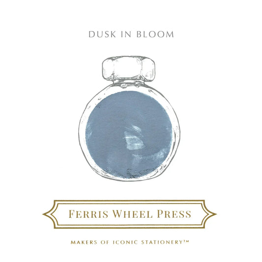 Blue ink bottle with gold cap, branded Dusk in Bloom label