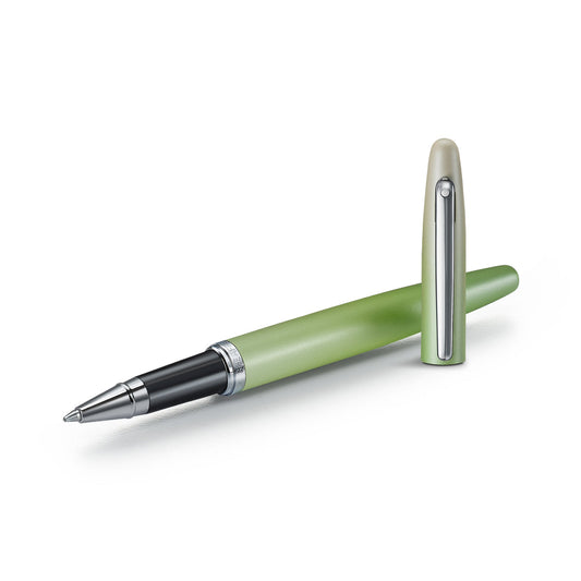 Green rollerball pen lying diagonally, chrome clip, and black accent at grip