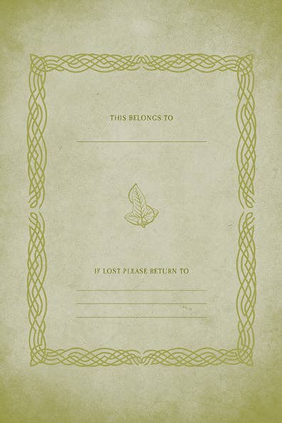 White journal title page with ornate border, text lines, and small green leaf emblem