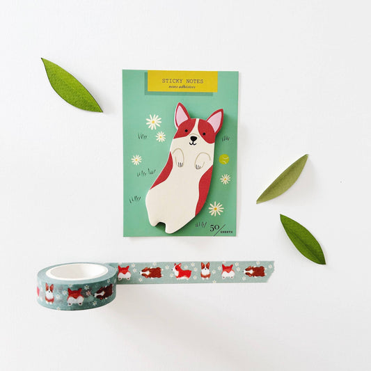 Corgi die-cut sticky notes sheet plus patterned tape roll with corgi icons