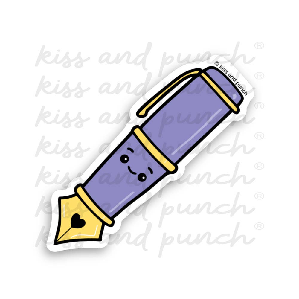 Purple kawaii fountain pen die-cut vinyl sticker with cute face and heart nib