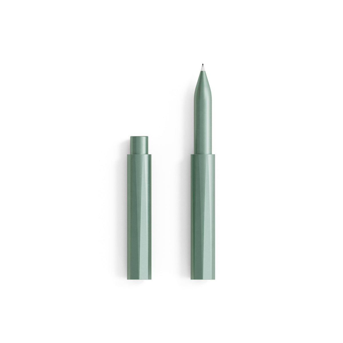 Refillable writing pen, sage green body with cap and pointed tip