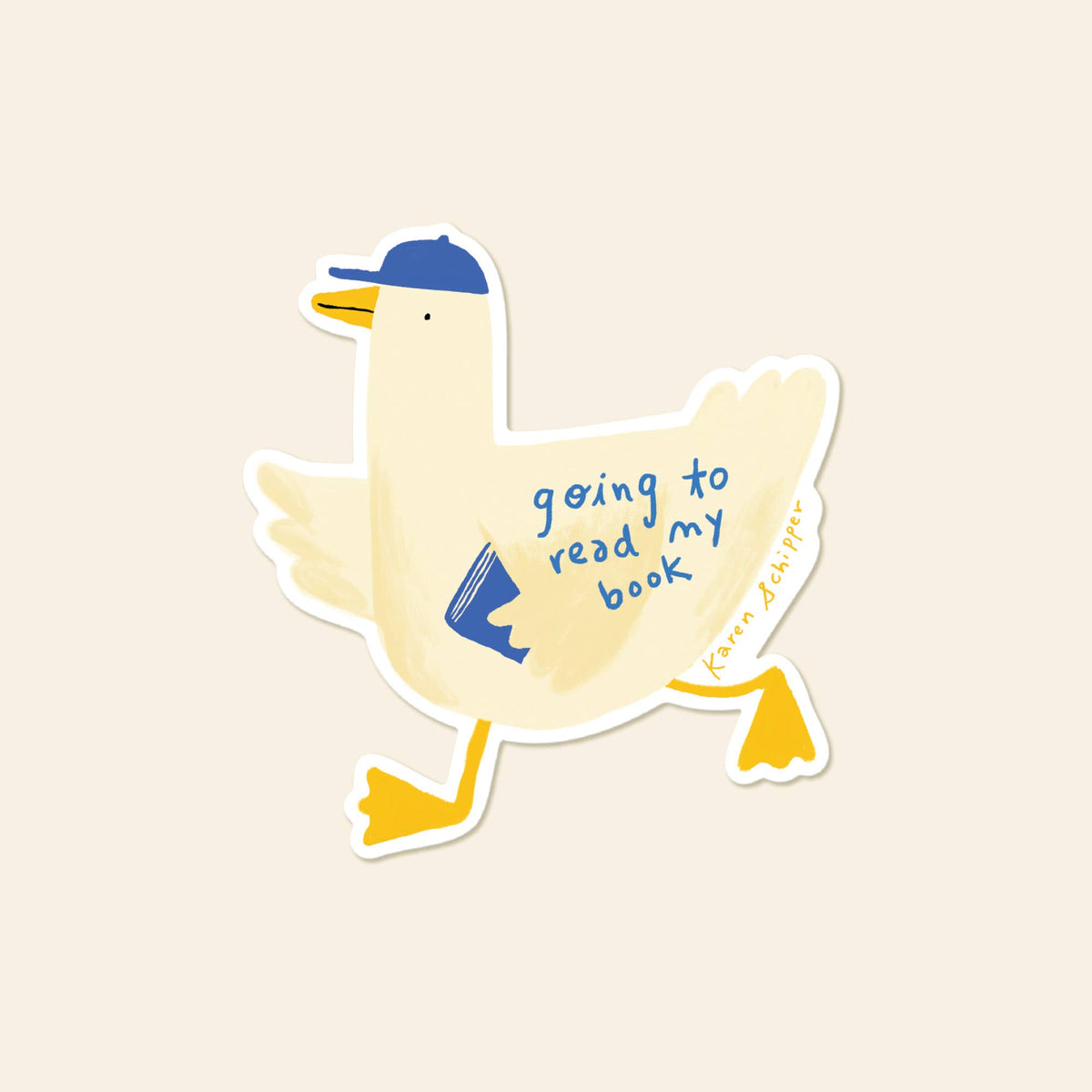 Duck reader sticker with a blue cap, yellow feet, and a book-reading message