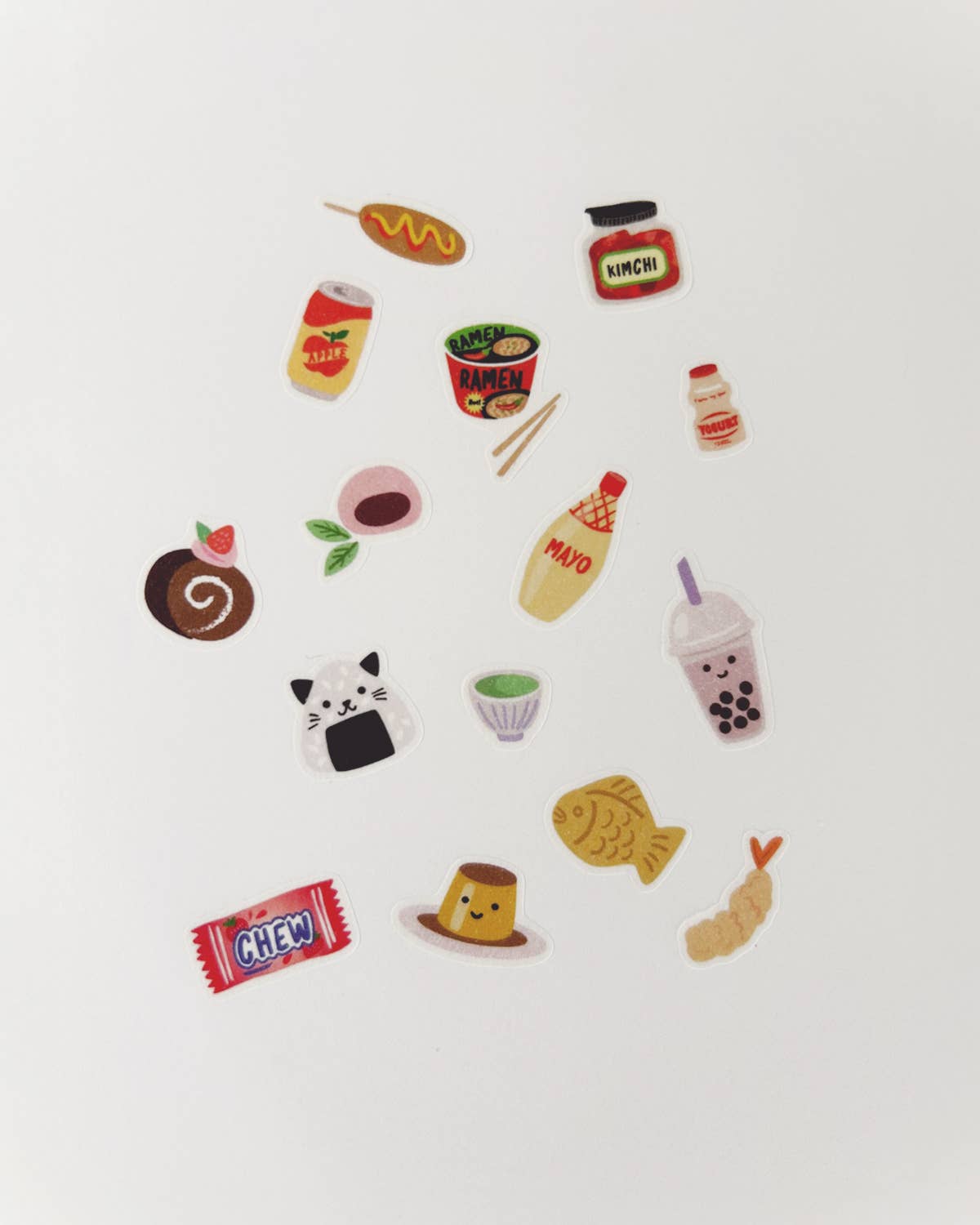 Assorted snack-themed washi stickers: ramen, boba, pudding, dumplings and more