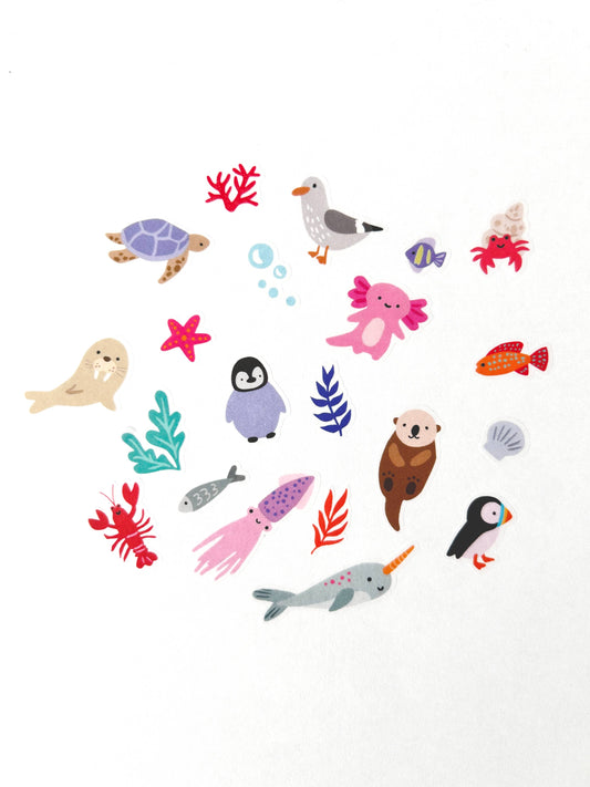 Sheet of ocean animal washi stickers with turtles, whales, penguins, and crabs