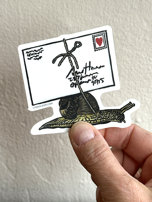 Snail and envelope mail sticker held in hand with red heart stamp