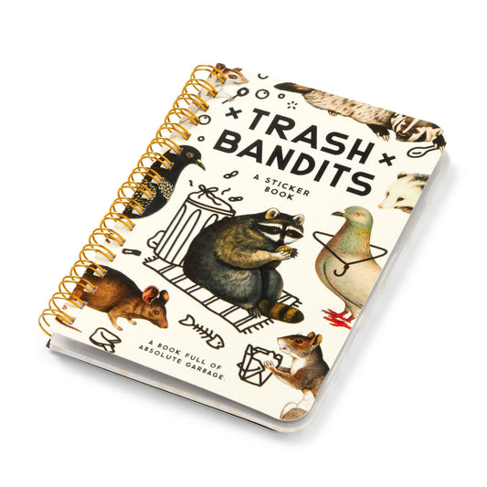 Trash Bandits spiral-bound sticker book with cartoon animal cover and bold title text.