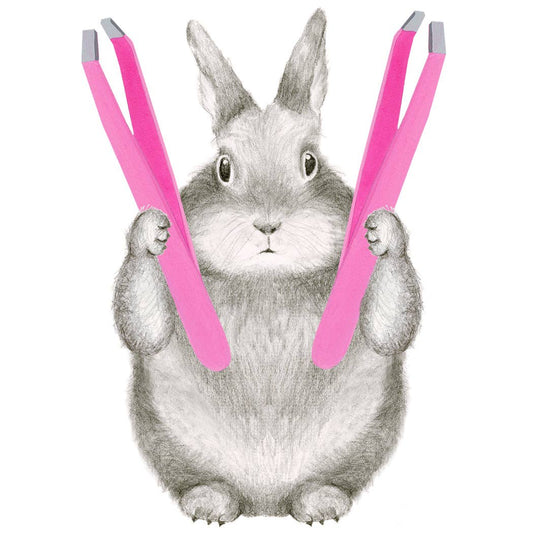 Gray rabbit illustration on greeting card holding pink striped bars, close-up framing