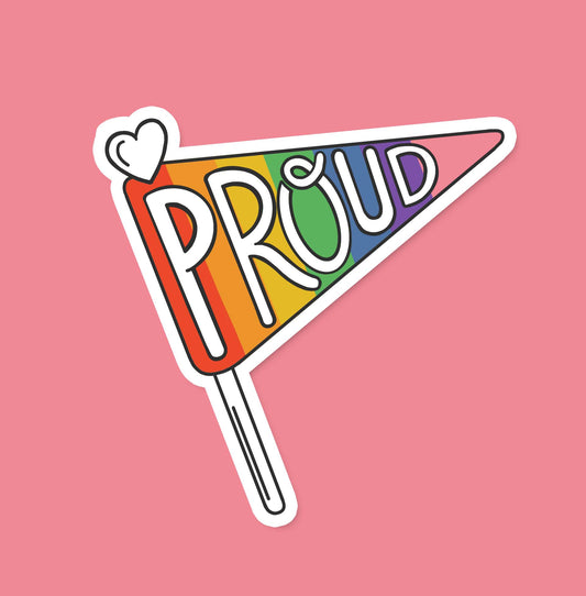 Vinyl pride sticker with rainbow PROUD lettering, green heart, and triangular badge