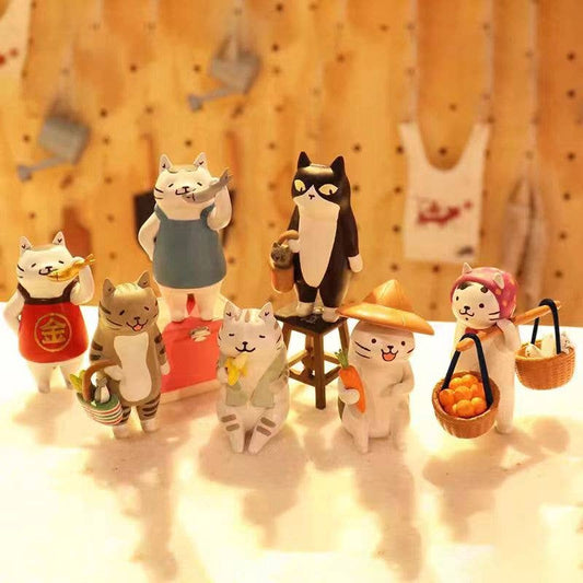 Cat market blind box cat figurines, assorted cats in market-themed outfits