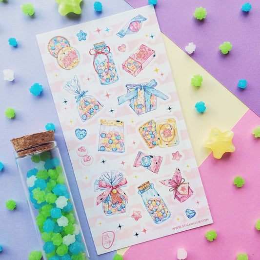 Kawaii konpeito sticker sheet with pastel multicolor candy and gift icons in assorted shapes