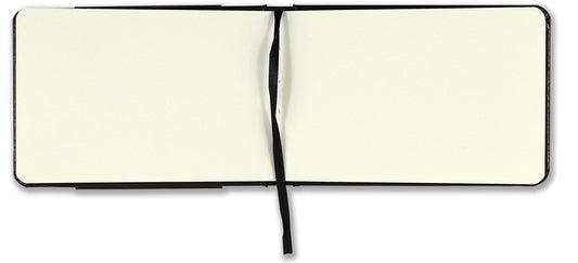 Watercolor field journal open with blank pages and black elastic tie