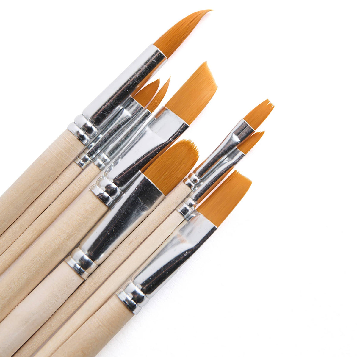Close-up of assorted paintbrushes with orange bristles and silver ferrules