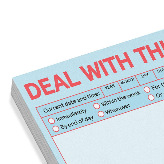 Pastel blue sticky note with DEAL WITH THIS text and red multiple-choice checkboxes