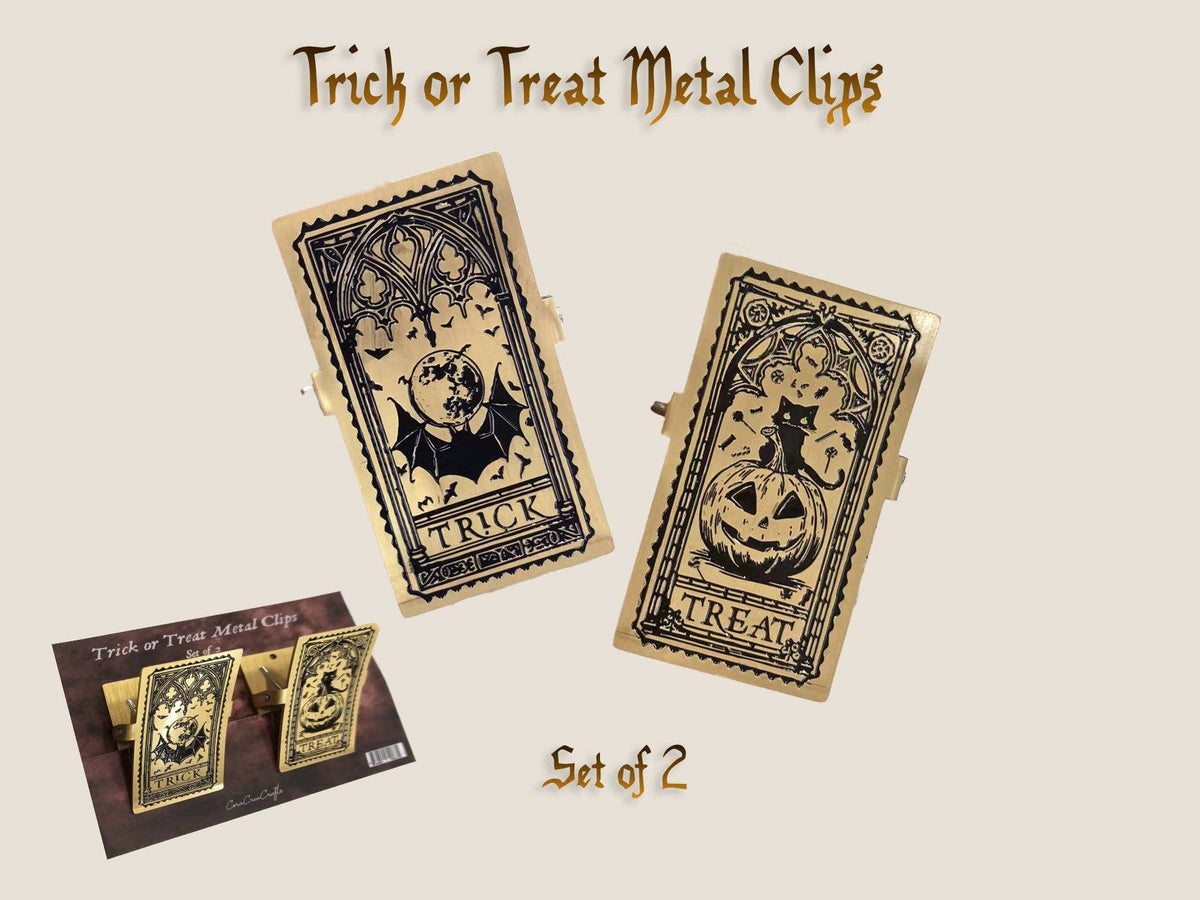 Halloween trick or treat metal clips, set of 2 with pumpkin and bat designs