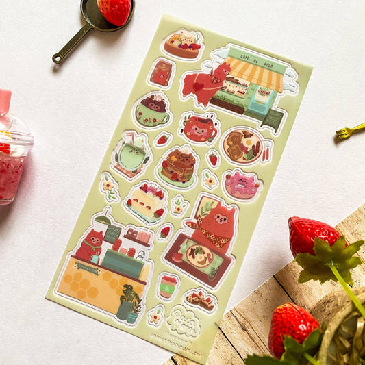 Cute sticker sheet with animal, food, and drink designs in red, orange, and mint tones