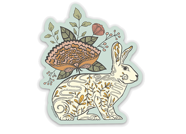 Vinyl sticker featuring a cream rabbit beneath a large orange flower and leafy stems