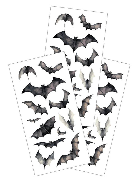 Set of bat stickers on clear sheets, assorted flying bats with black and white wings