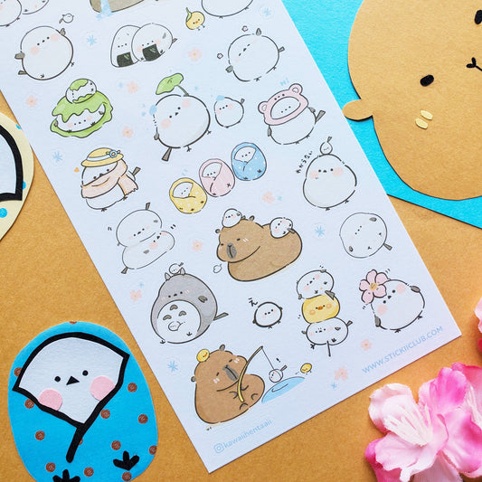 Capy and Birdy Besties sticker sheet close-up with animal faces, bodies, and eggs