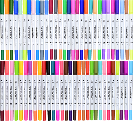 Row of dual-tip coloring markers with white barrels and multicolor caps