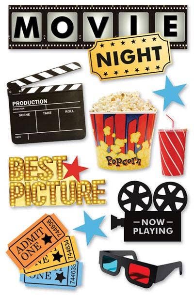 Movie night dimensional sticker set with clapperboard, popcorn, tickets, glasses and stars