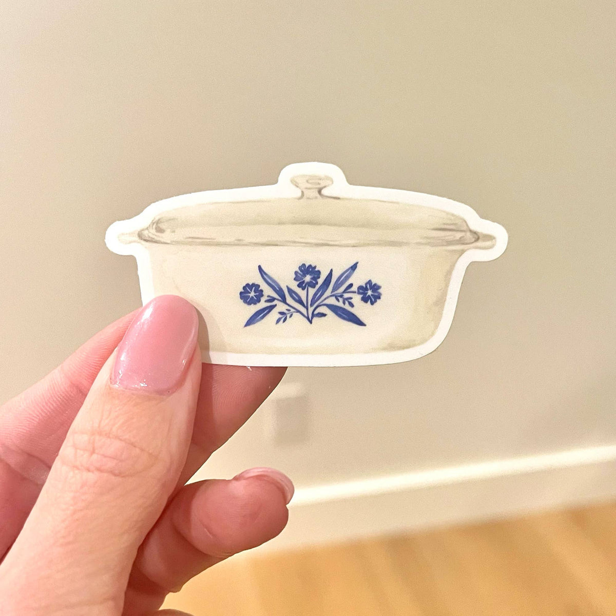 White covered dish vinyl sticker with blue floral pattern