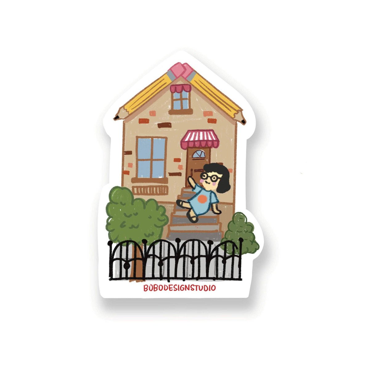 House-shaped sticker with illustrated pencil character, fence, and green shrubs.
