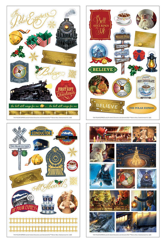 Sticker sheets with train, bell, clock, ornaments, and circular seals in multiple colors