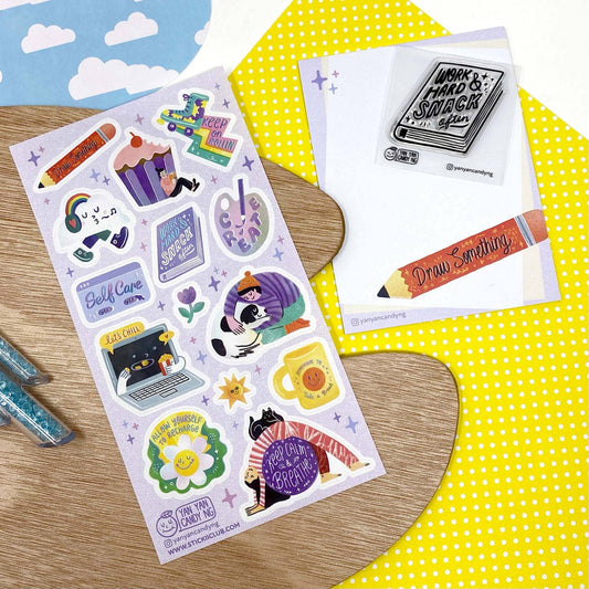 Sticker sheet with cartoon icons, panda, and notebook-style labels; multiple designs