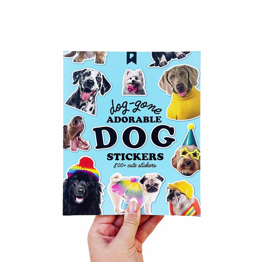 Blue dog sticker book cover held in a hand