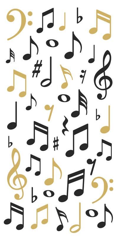 Music note decorative stickers in black and gold on a sheet