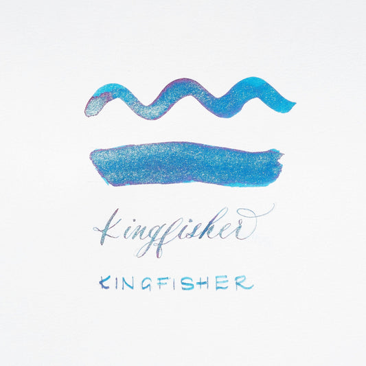 Kingfisher blue shimmer ink strokes with “kingfisher” branding