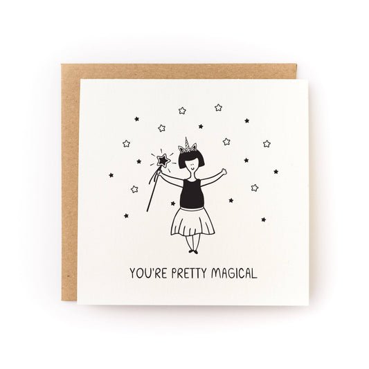 Magical letterpress greeting card with cat witch illustration and stars, text “You’re Pretty Magical”