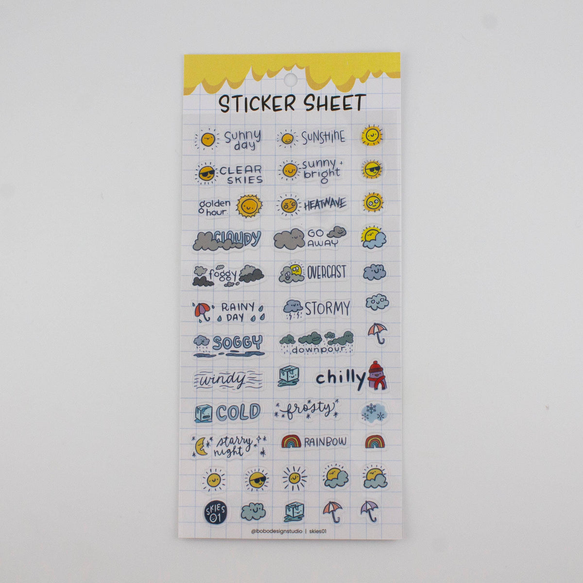 Weather sticker sheet with clear background and icons for sunshine, cloudy, stormy, and cold