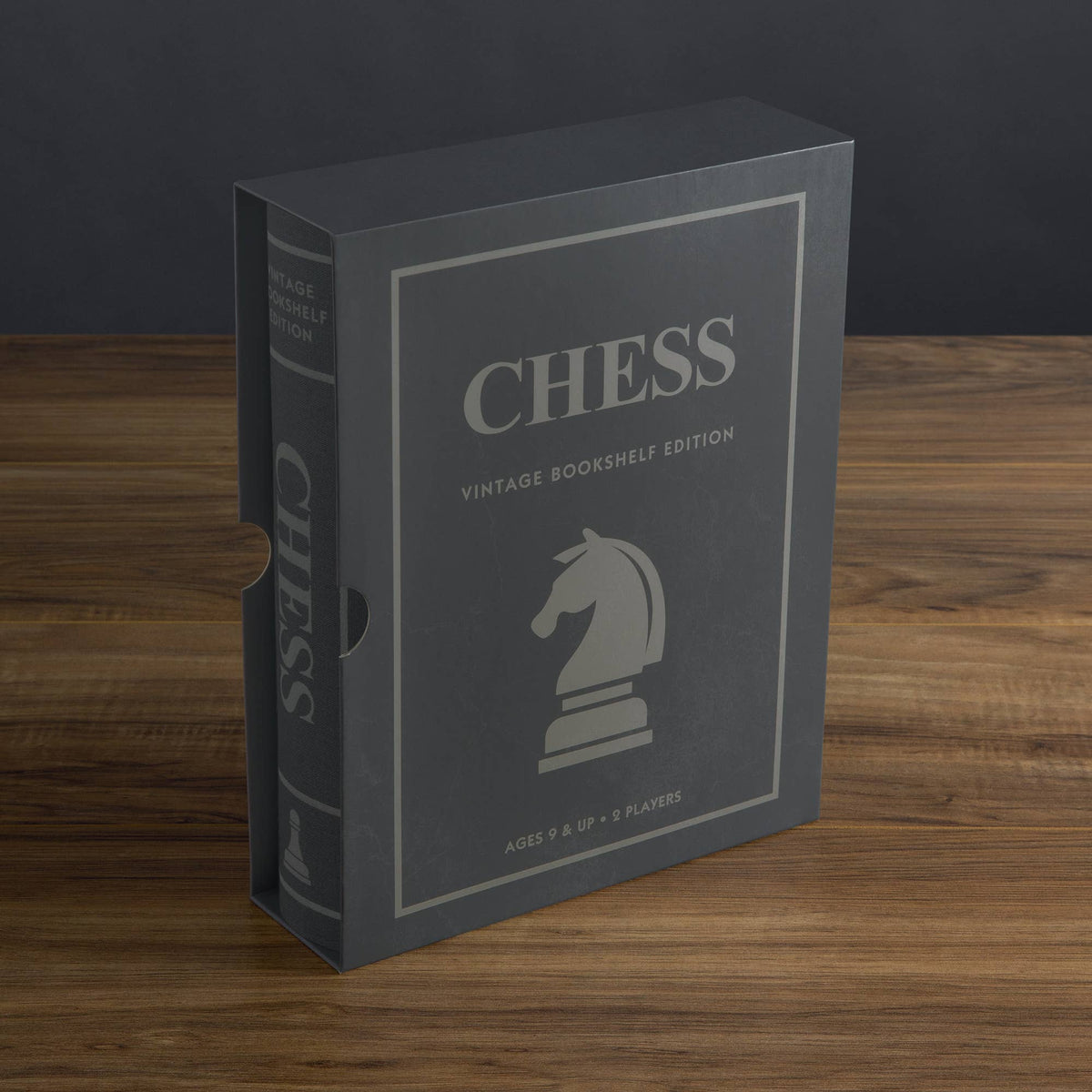 Gray vintage chess bookshelf edition box with CHESS title and knight figure on cover