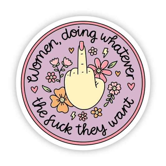 Pink round patch with raised hand icon and colorful flowers, floral text border