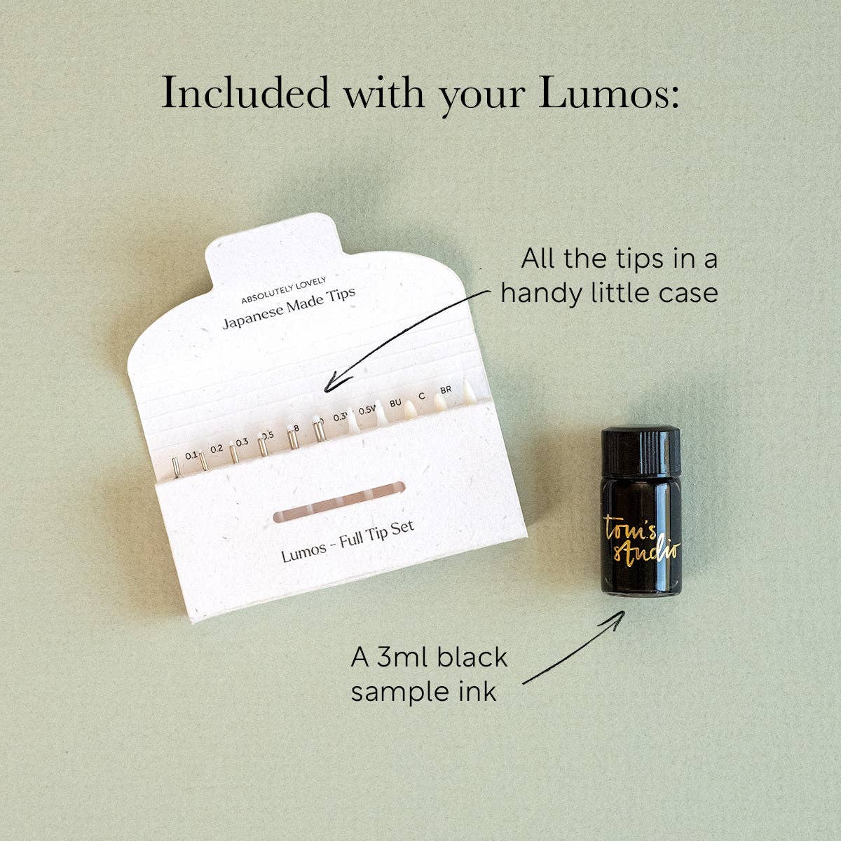 Tip set card with bundled tips and a small 3 ml black sample ink bottle