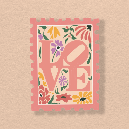 Square floral "LOVE" vinyl sticker with scalloped stamp frame
