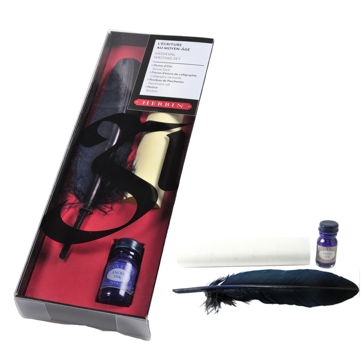 Venetian calligraphy set in box with dip pen, feather, and ink bottle