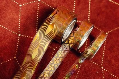 Gold art deco transparent tape rolls with ornate geometric and wave patterns