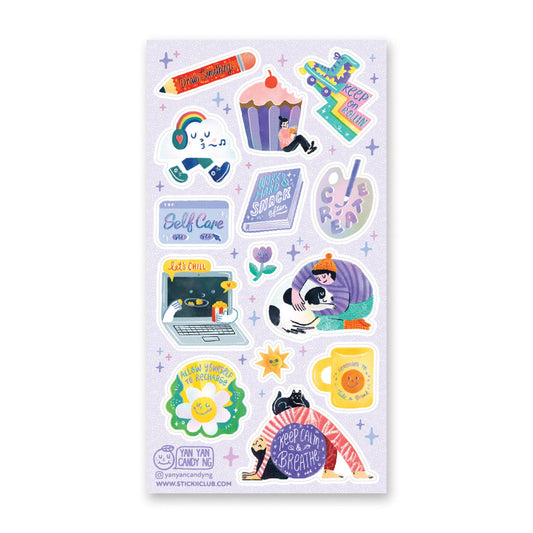 Pastel sticker sheet with panda, self-care icons, rainbows, and snack-themed quotes
