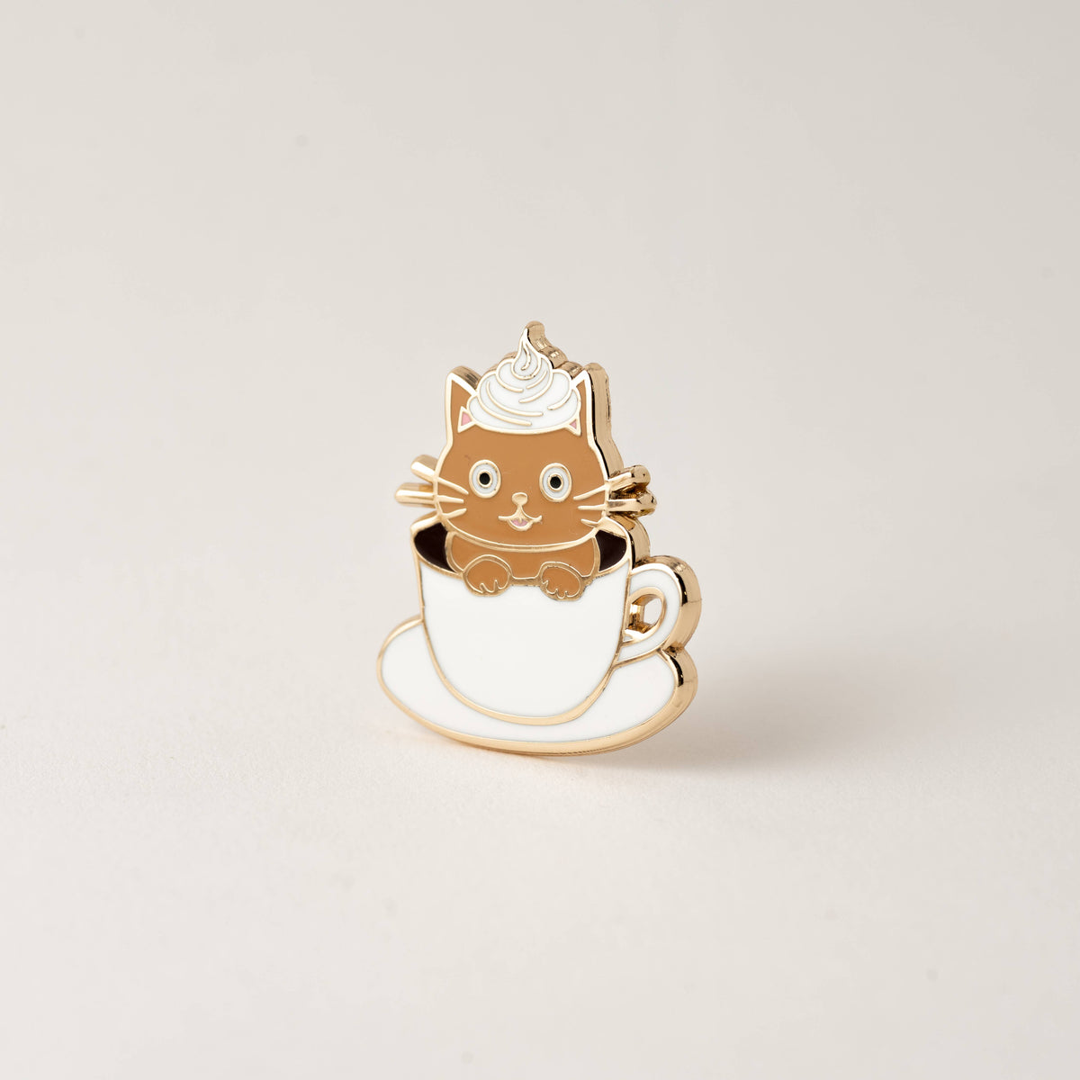 Cat latte enamel pin, brown cat with whipped-cream hat and coffee cup outline